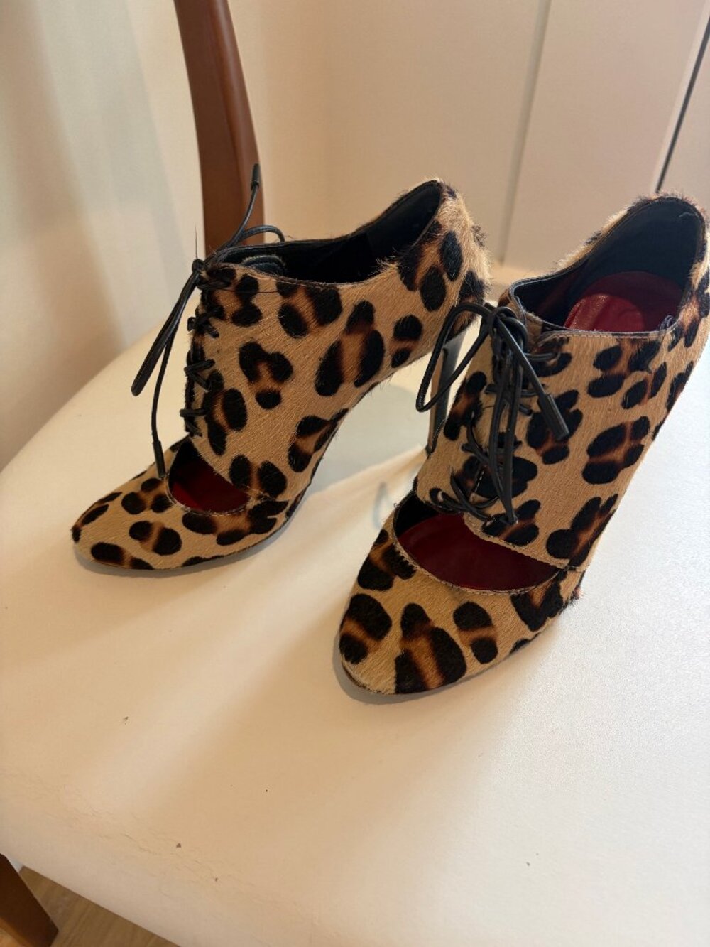 Carolina Herrera Leopard Pony Hair Lace-Up Heels EU 38